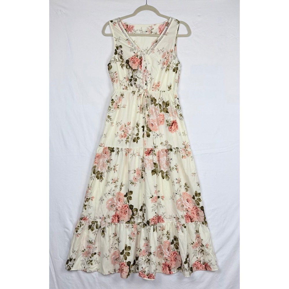 Tiered Ivory Floral Maxi Dress M V-Neck Cottagecore Boho Flowy Patel Country